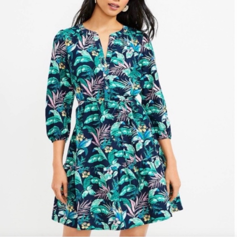 LOFT Palm Henley Flounce A line Shirtdress small petite